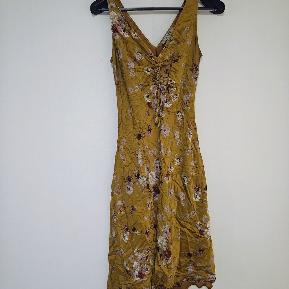 AllSaints Mustard Floral Ruched Midi Dress US 4
